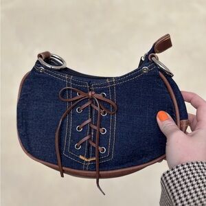 Denim and Brown Lace-Up Handbag